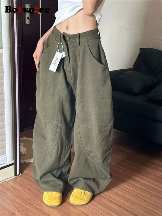 Baggye Jeans for Women Army Green High Waist Loose Vintage Y2k  Long Denim Pants Female Fashion Streetwear Washed Jeans