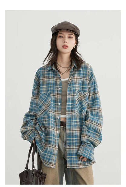 Women's Cotton Shirt Single Breasted Loose New Retro Color Blocked Grid Female Blouses Autumn Spring 2026