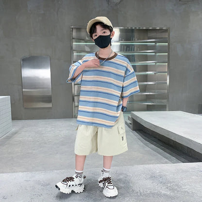 Children Summer Pink Blue Striped Suit Top and Bottom Clothes Set For Teen Boy New Fashion Tracksuit Outfit Kids Casual Clothing