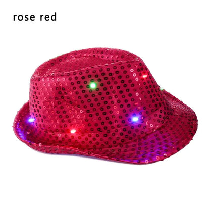 Unisex Light Up Flashing Led Fedora Trilby Jazz Hat Panama Cap Sequin