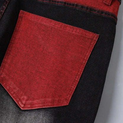 Men's Elastic Patch Style Jeans Black Red Design Slimming Men's Clothing Cozy Denim Pants Personalized Hip Hop Trend Trousers