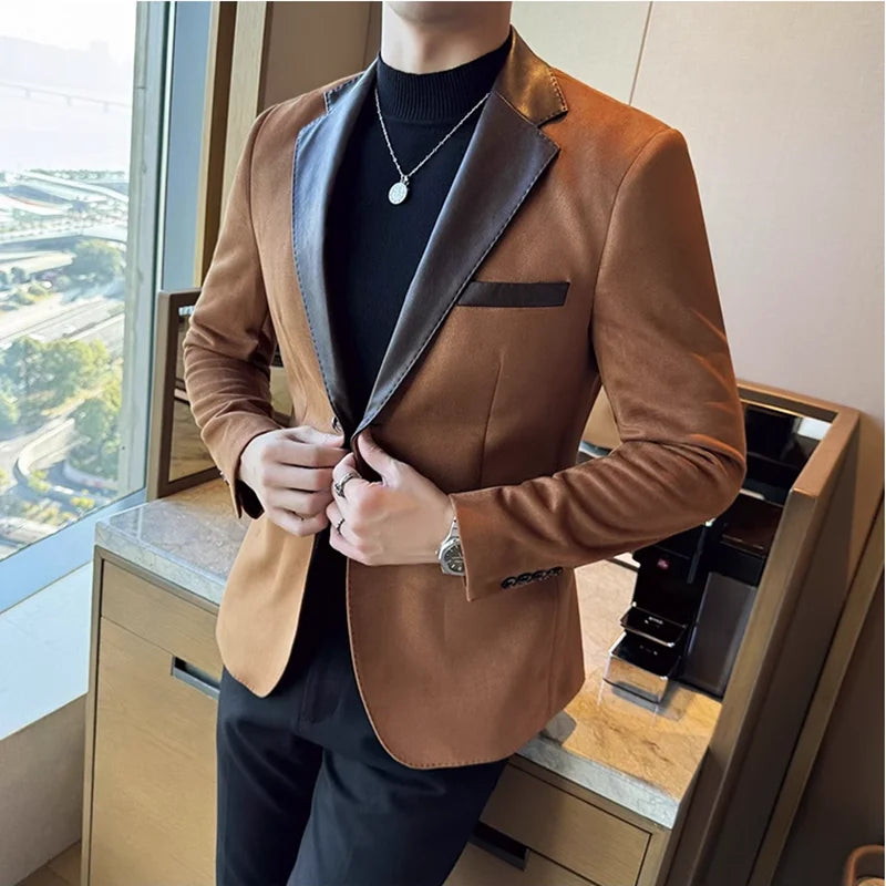 High Quality Deerskin Velvet Splicing Leather Collar Suit Blazers Men Casual Business Slim Coats Mens Social Wedding Clothing