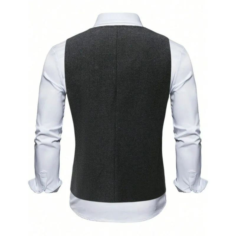 Suit Vest Man Vintage Single-breasted Pocket Male Waistcoat Slim V-neck Sleeveless Business Casual Versatile Men Vest