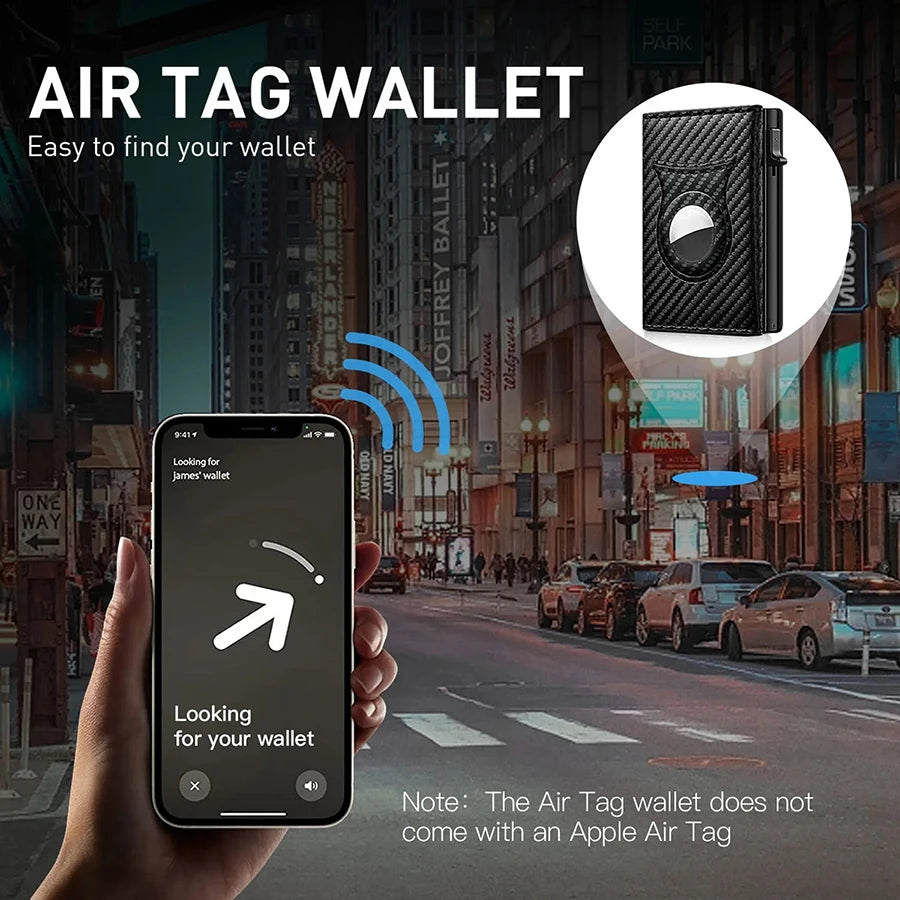 Men's Carbon Fiber Magnetic Card Clip Leather RFID Triple Fold Card with Zipper Wallet Pop Up Smart AirTag Wallet