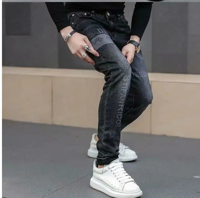 High End Stylish Classic Distinctive Printed Black Stretch Denim Jeans for Men High Quality Slim Fit Stretch Luxury Denim Pants