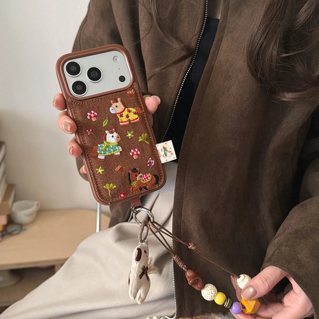 Cute Brown Embroidered Pony Mushroom With Lanyard Shockproof Protective Phone Cover Case for iPhone 17 16 15 14 Pro Max
