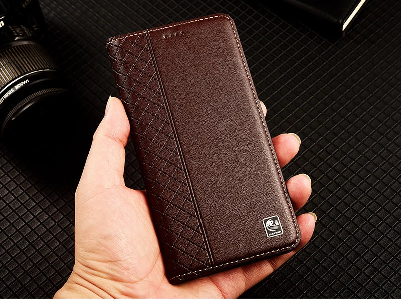 For APPLE iPhone 17 16 16E 15 14 Pro Max Air Plus Flip Case Grid Pattern Magnetic Cover Cowhide Genuine Leather Wallet Covers