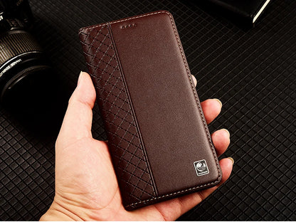For APPLE iPhone 17 16 16E 15 14 Pro Max Air Plus Flip Case Grid Pattern Magnetic Cover Cowhide Genuine Leather Wallet Covers