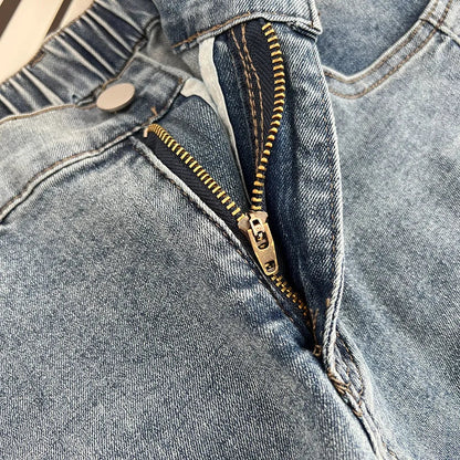 Women's Split Leg Opening Drainpipe Jeans, Casual Ankle Length Denim Pants, Straight Leg, Plus Size, Spring, Autumn, 100kg, 1649