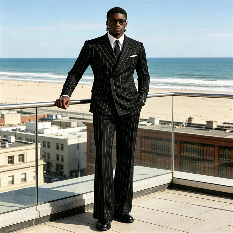 Men's 2 Piece Suit Pinstripe Double Breasted Peak Lapel Slim Fit Flared Pants Wedding Prom Business Formal Parties Chic Outfit