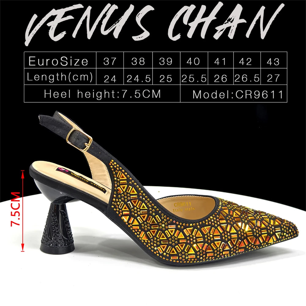 Elegant Black and Gold Pointed-Toe Italian Women's High-Heeled Shoe and Bag Set with Full Diamond Accents – Perfect for Party