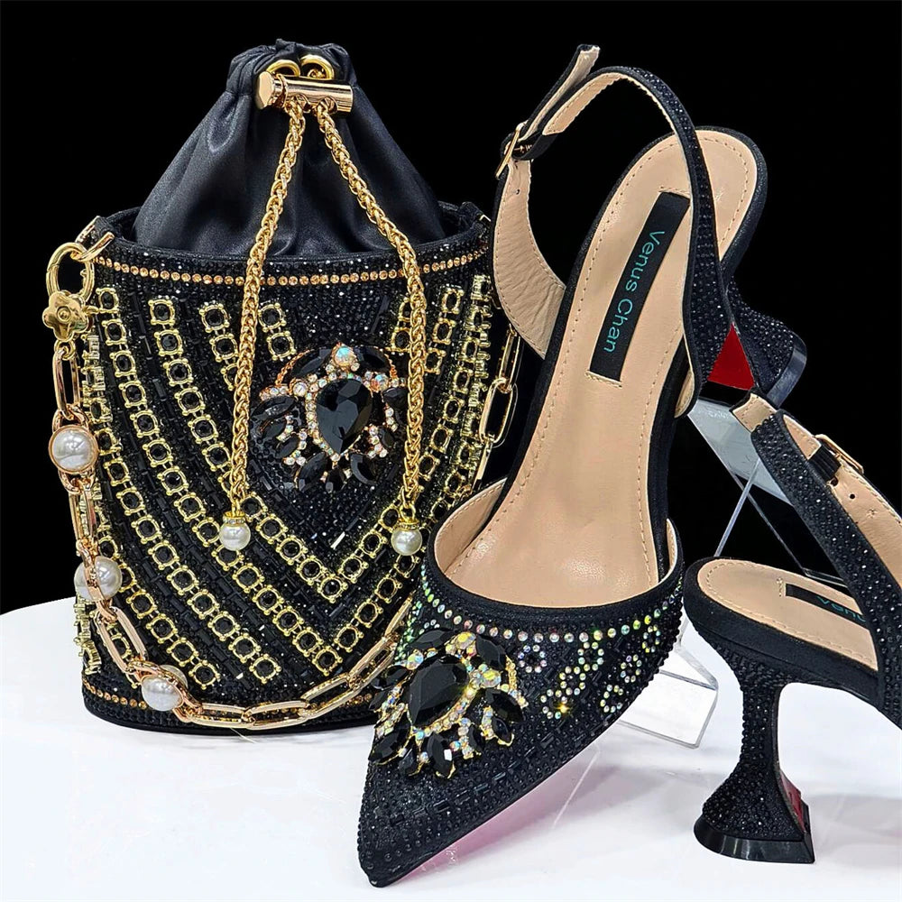 Nigerian Heel Party for Women Red Color Shoes and Bag Set Rhinestone Handbag Italian Design Wedding INS 2024
