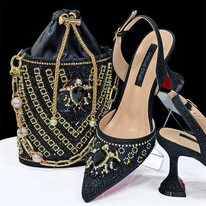 Nigerian Heel Party for Women Red Color Shoes and Bag Set Rhinestone Handbag Italian Design Wedding INS 2024