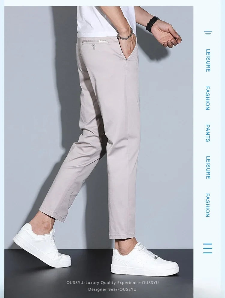 High Quality Summer Men's White Ankle Length Casual Pants 97%Cotton Breathable Straight Business Slim Work Chino Trousers Man