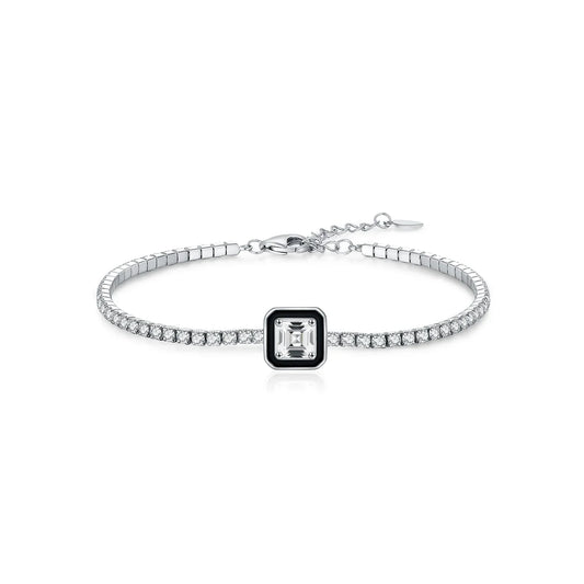 Bracelet en émail noir Argent sterling 925 Bracelet simple en zircone carrée Bracelets tennis tendance pour femme Bijoux fins