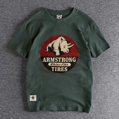 Summer New American Retro Short-sleeved O-neck Rhino Printed T-shirt Men's Fashion Simple 100% Cotton Washed Casual Sport Tops