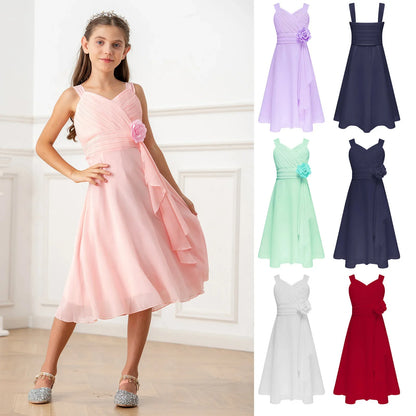 Summer Fashion Flower Girls Dress Wedding Birthday Party Kids Chiffon Dress Sleeveless Ruched Bodice Elegant Princess Dress