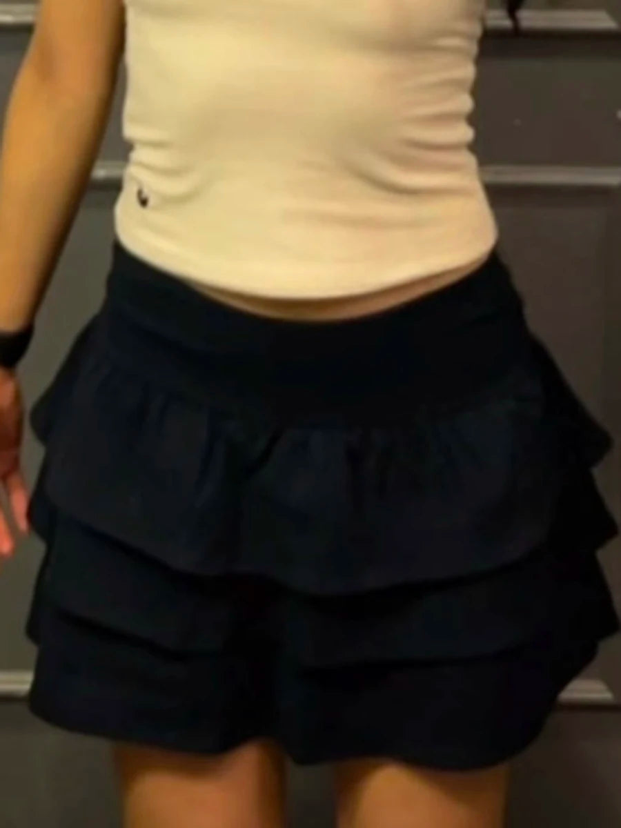 Ruffles Navy Mini Skirts Women Summer Sexy Low Waiste Solid Preppy Style A-line Skirts Vintage Streetwear Chic Solid Bottoms Y2k