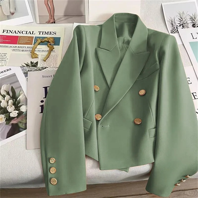 High-Quality Double Breasted Crop Blazer Women Korean Solid Long Sleeve Suit Coat Office Ladies Elegant Short Jacket Female Coat