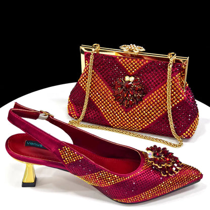 Italian Shoes and Bags Matching Set 2024 Silver Color Rhinestone Fashion High Heels for Women Pointed Toe Pumps