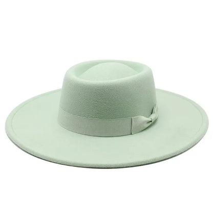 9.5cm Brim Round Top Hat Solid Color Fedoras Bow Flat Top Boater Style Panama Hats for Women Men Party Wedding Church Felt Caps