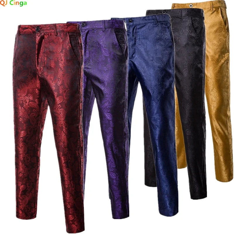 Spring Thin Men's Purple Floral Suit Pants, Wedding Party Dresses Pant, Fashion Casual Trousers, Red Black Pantalones Hombre