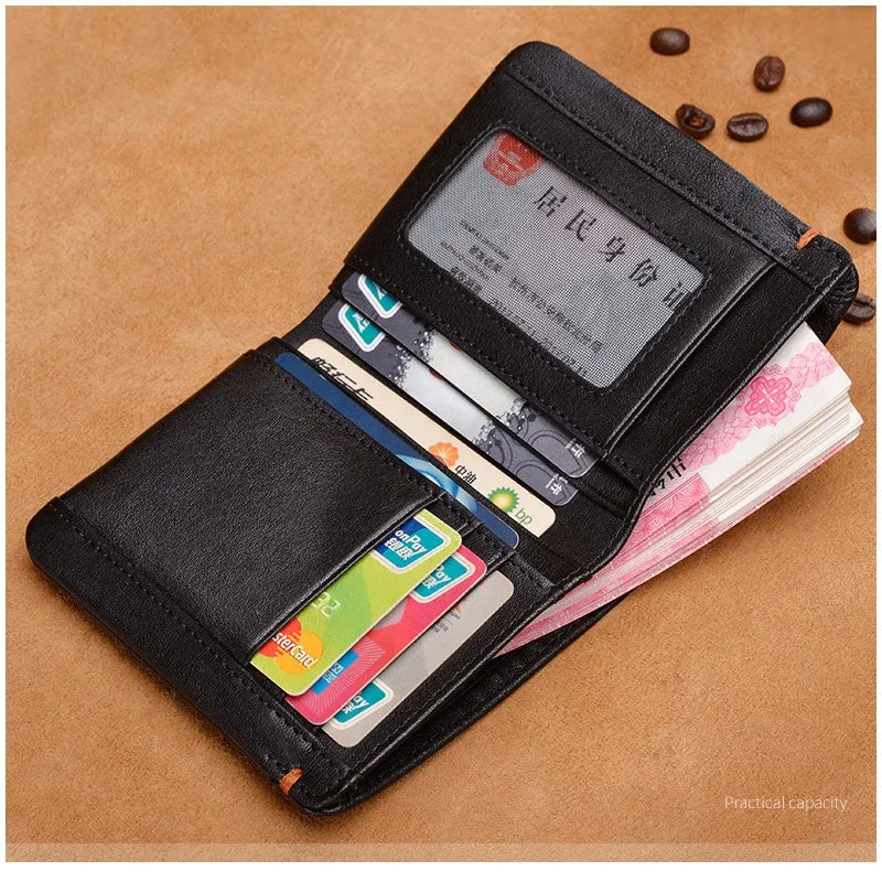 Portefeuille en cuir de vachette couche supérieure Portefeuille en cuir véritable souple Porte-cartes de crédit pour hommes Sac à main de luxe Noir Élégant Simple Portefeuilles pour hommes