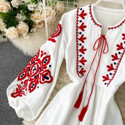 n Sle Embroidered Flower Long Sve Loose Fit Lantern Sve Gathered Slimming A-Line Dr Women's round Ne Dr