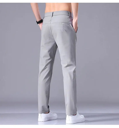 High Elastic Ice Silk Casual Pants Men's Spring Summer Ultra-thin Quick Drying Soft Breathable Business Straight Gray Trousers