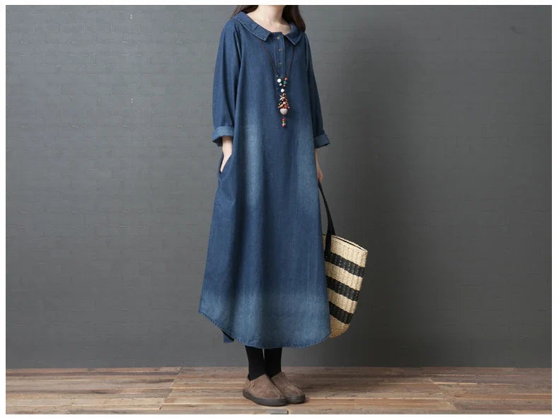 Women's Denim Dr Long Sve Loose Fit irt Sle Autumn Spring Faion plus Size Clothing Meat Concealing Slimming Skirt