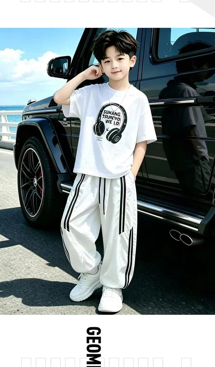 Street Style Children Luxury Summer Outfit Top And Bottom Set for Teen Boys T-shirt Pants Suit Kids Fashion Streetwear Clothes