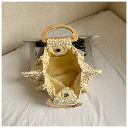 2026 New Retro Fan-shaped Crochet Woven Underarm Bag for Women Ins Style Seaside Vacation Versatile Wooden Handle Shoulder Bag