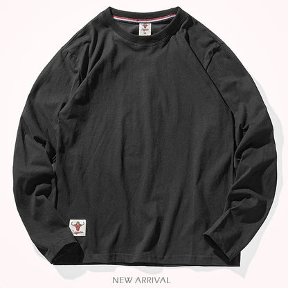 Autumn American Retro Long Sleeve O-neck Solid Color T-shirt Men's Fashion Simple 100% Cotton Washed Old Casual Bottoming Tops