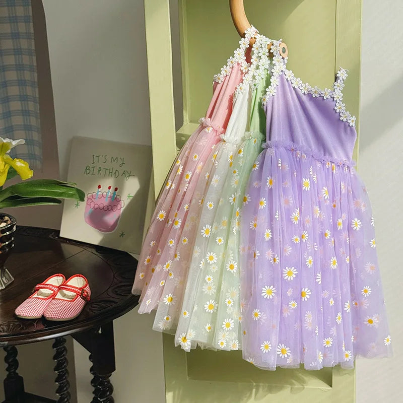 Girls Casual Dresses Little Daisy Flower Mesh Dress for Girls Summer Camisole Pompadour Dress Girls Clothes for2 To 7 Years