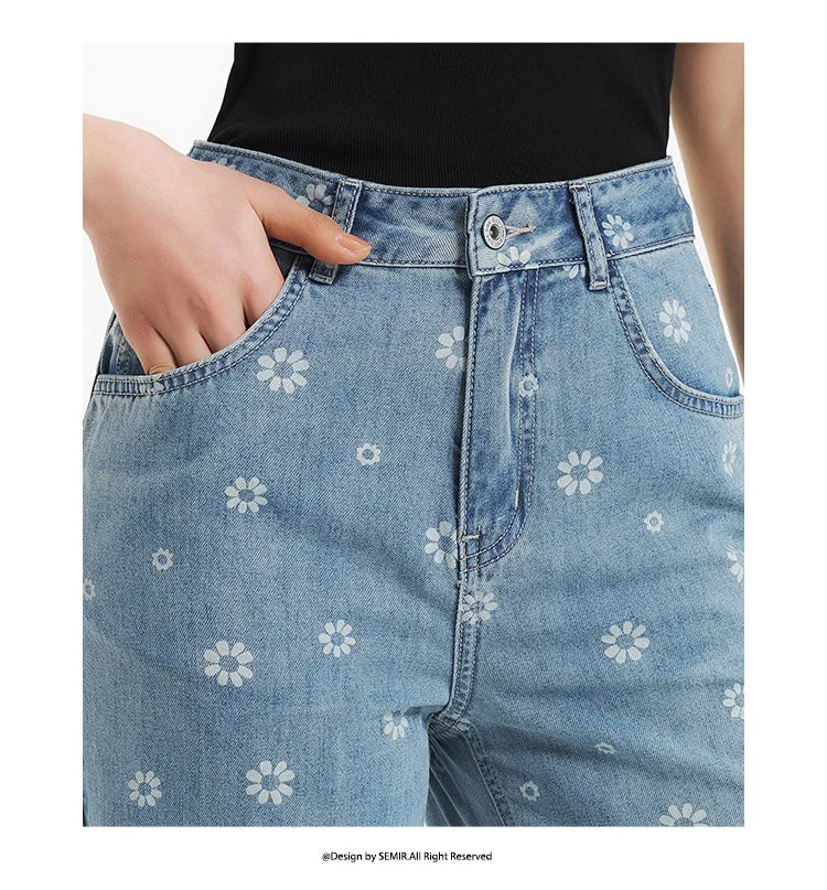 All Over Print Denim Pants Women Sweet Niche 2025 Summer New Cotton Wide Leg Trousers