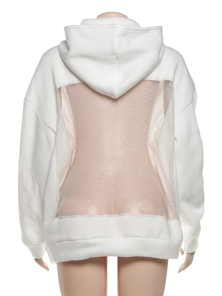 Hooded Harajuku Sweatshirt Women Autumn Trend Backless ShinyThrea Mesh Patchwork Casual Street Hipster Pulloverr