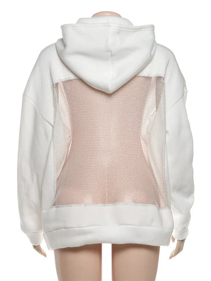 Hooded Harajuku Sweatshirt Women Autumn Trend Backless ShinyThrea Mesh Patchwork Casual Street Hipster Pulloverr