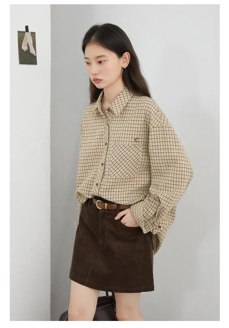 Women Shirt Loose Casual Single-breasted New Retro Contrast Plaid Embroidered Blouses Female Top Autumn Winter 2026