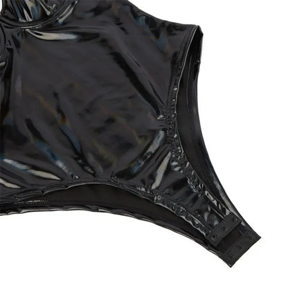 Wet Look Shiny PU Leather One-piece Bodysuits Women's Lingerie Swimsuit Spaghetti Strap Bra Push Up Overbust Corsets
