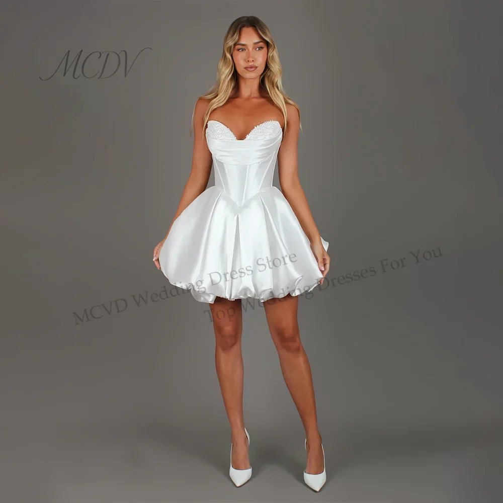 White Beaded Wedding Dresses Satin Pleats Sleeveless Mini Bridal Dresses A Line Lace Up Backless After Party 2026 Customized