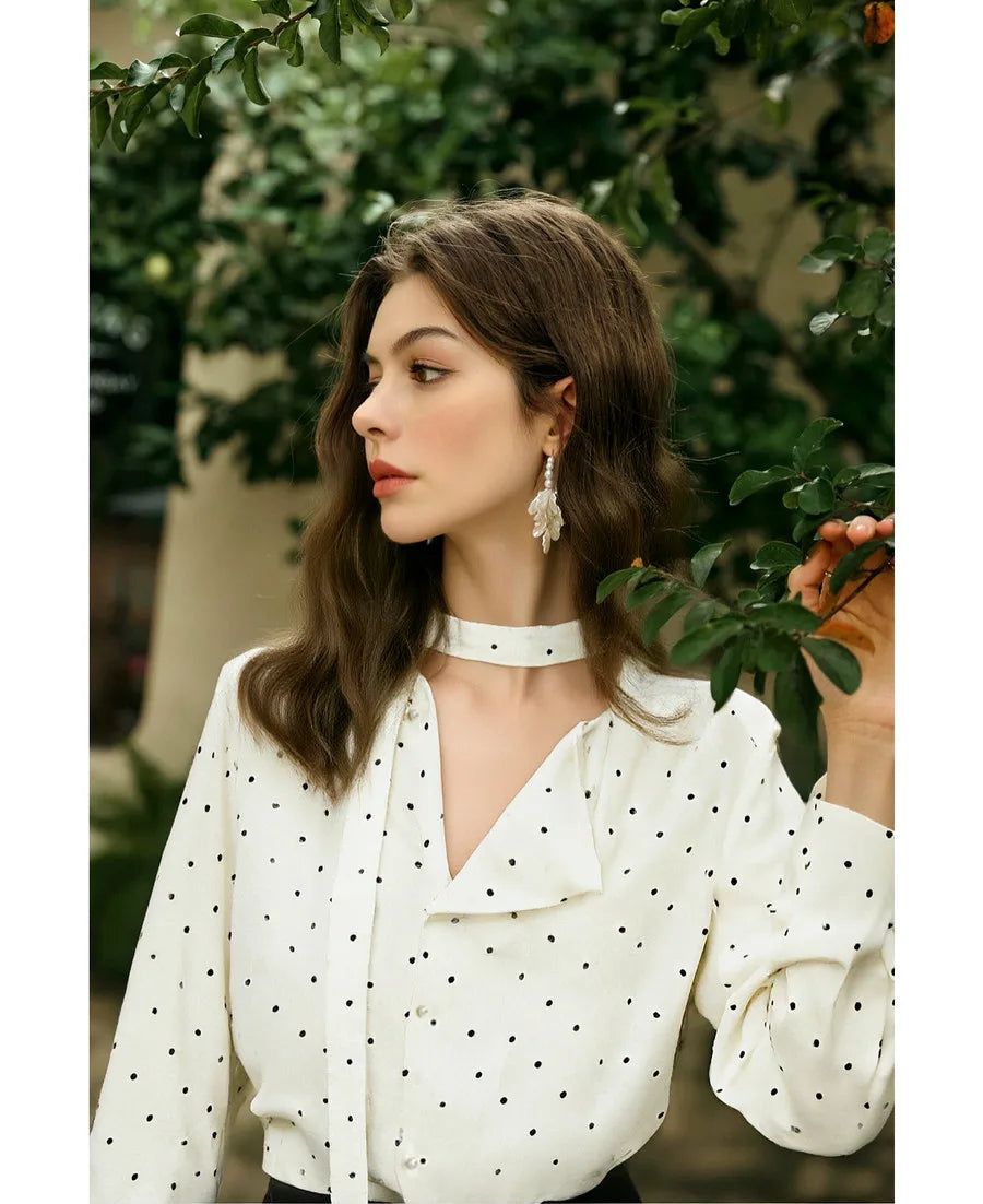 Woman Chiffon Blouse French Style 2026 Spring Elegant Polka Dot Ladies Top Bow Tie Neck Long Sleeve Shirts O58CC002535