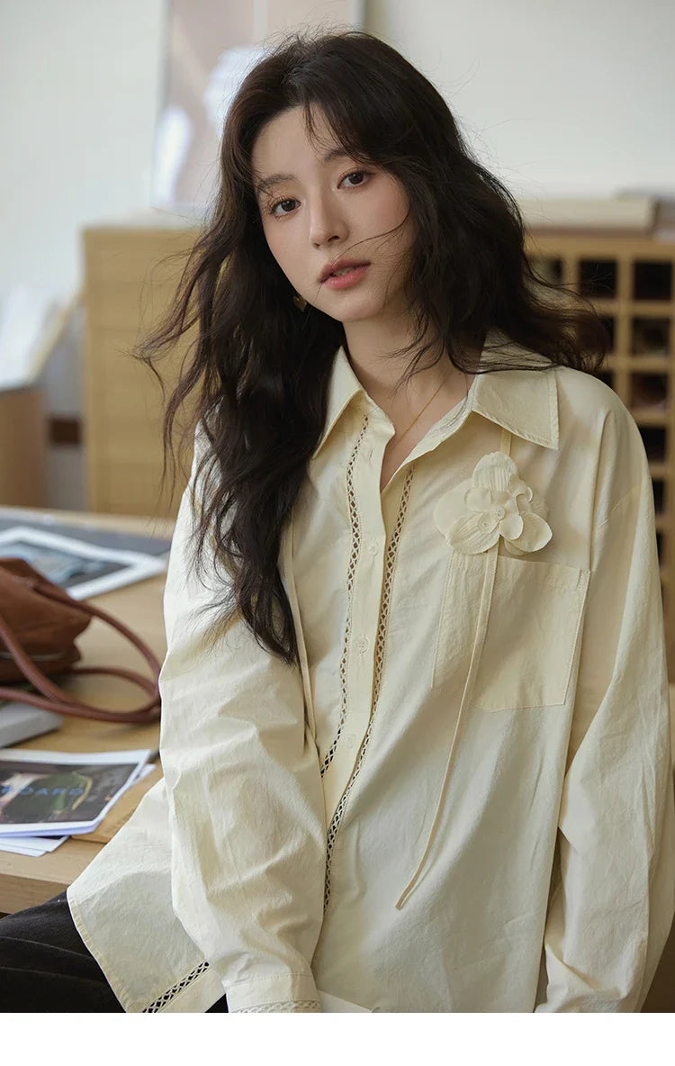 100% Cotton Shirt For Women Autumn 2025 New Fashion Petal Ribbon Button Long Sleeves Shirt Women's Clothing MXE41C2349