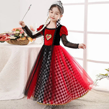 Girls Halloween Party Cosplay Red Queen Gown Clothes Kids Witch Long Sleeves Carnival Outfits Children Masquerade Fancy Costumes