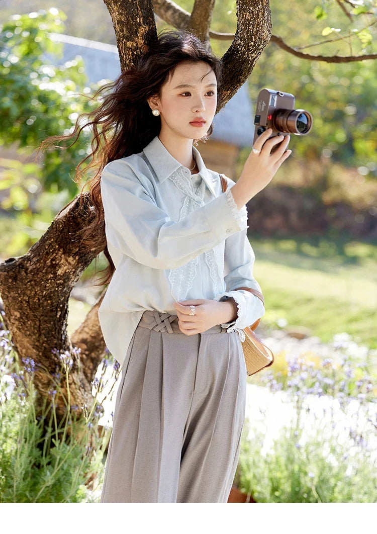 French Spring Blouses Women 2025 New Long Sleeve Turn-down Collar Loose Shirts Female Fashion Lace Casual Tops MXE16C0760