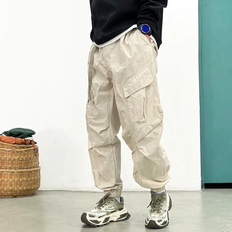 Korean Techwear Cargo Pants Men Spring Summer Quick Dry Lightweight Streetwear Casual Loose Fit Tapered Joggers Hip Hop Trendy