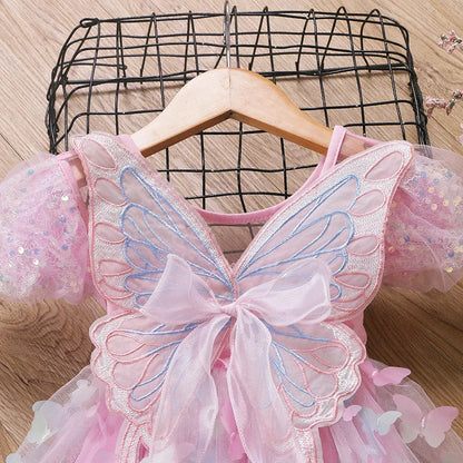 Baby Girls Butterfly Wings Fairy Gauze Princess Puff Sleeve Dress Lovely Kids Summer Tulle Dress Child Birthday Party Gown Dress