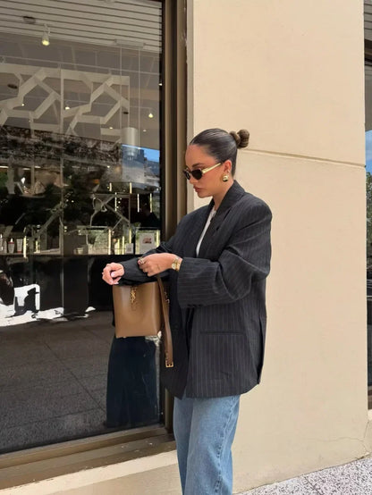Fall/Winter 2025 New  Women's Street Fashion oversized pinstripe shoulder-padded loose suit jacket for women