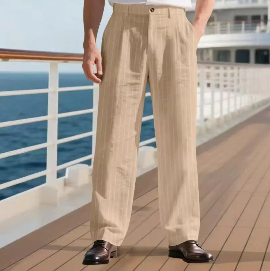 Men's Pinstripe Pants Linen Trousers  Solid Color Loose Fit Half Elastic Waist Straight Leg Breathable Soft For Summer Beach