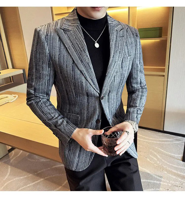 Fashion Meteor Line Checkered Elegant Suit Jacket Men Fashion De Luxe Business Slim Fit Single Breasted Social Party Dress Coats