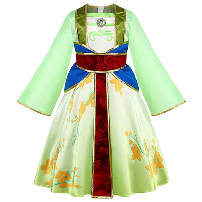 Mulan Cosplay Costume Girl Chinese-style Long-sleeved Hanfu with Hair Accessories Necklace Halloween Girl Hero Costume